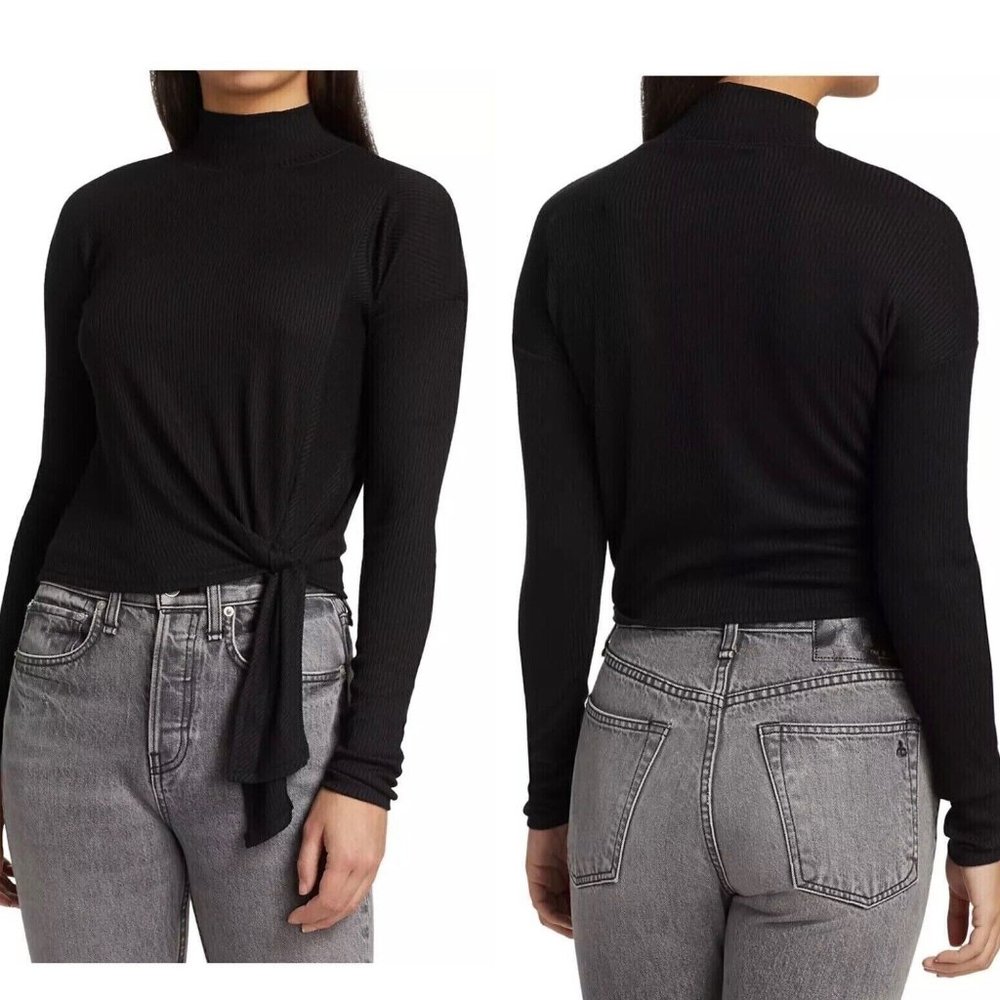RAG & BONE Top Womens M The Rib Knit Side Tie Turtleneck Cropped Tee Long Sleeve